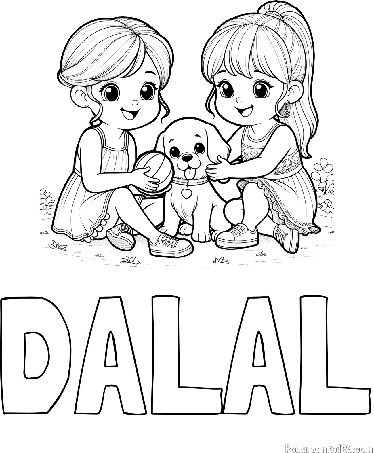 Pobarvanka imena DALAL in pobarvanka prijateljic s kužkom