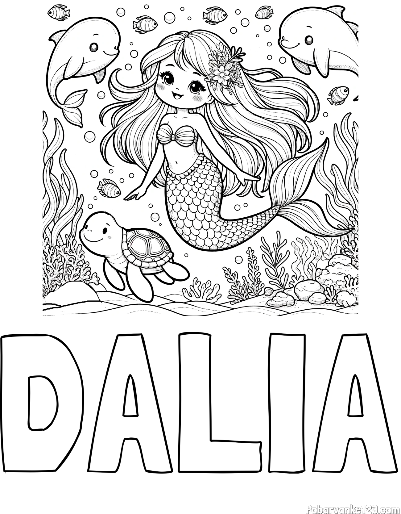 Pobarvanka imena DALIA in pobarvana ljubke morske deklice s prijatelji