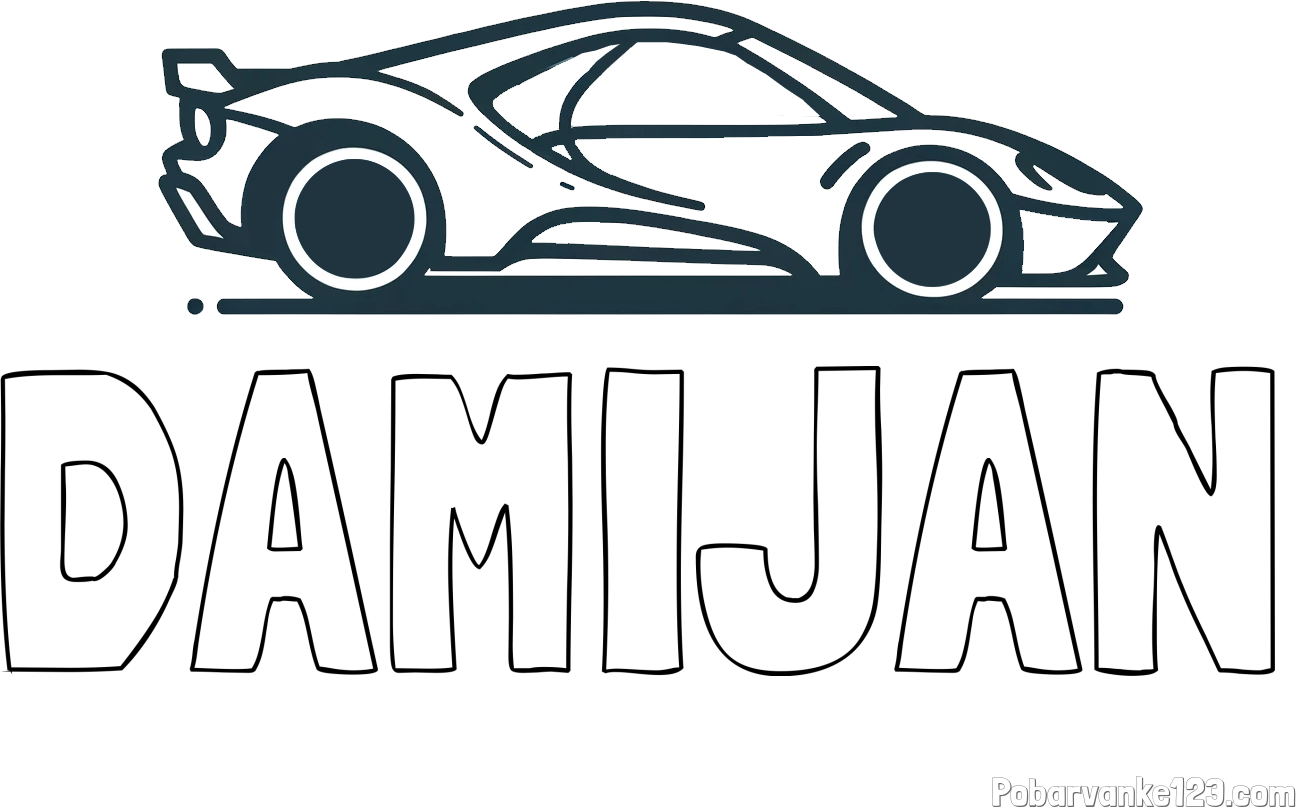 Pobarvanka imena DAMIJAN in otroška pobarvanka dirkalnega avtomobila