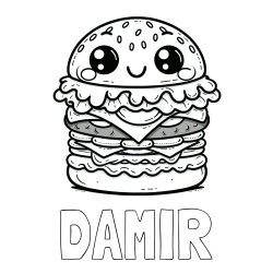 Online izdelana pobarvanka - Pobarvanka imena DAMIR in otroška pobarvanka nasmejanega hamburgerja