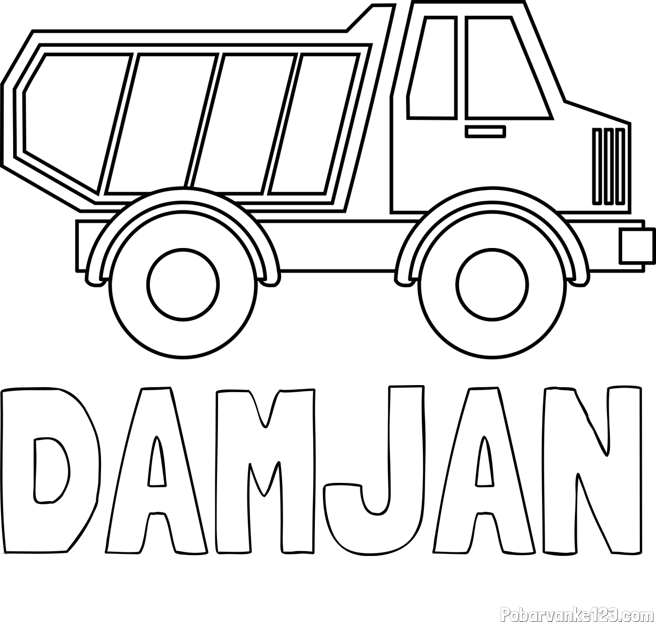 Pobarvanka imena DAMJAN in otroška pobarvanka tovornjaka za prevoz smeti in drugega tovora