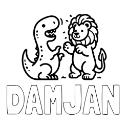 Online izdelana pobarvanka - Pobarvanka imena DAMJAN in pobarvanka dinozavra, ki napada leva