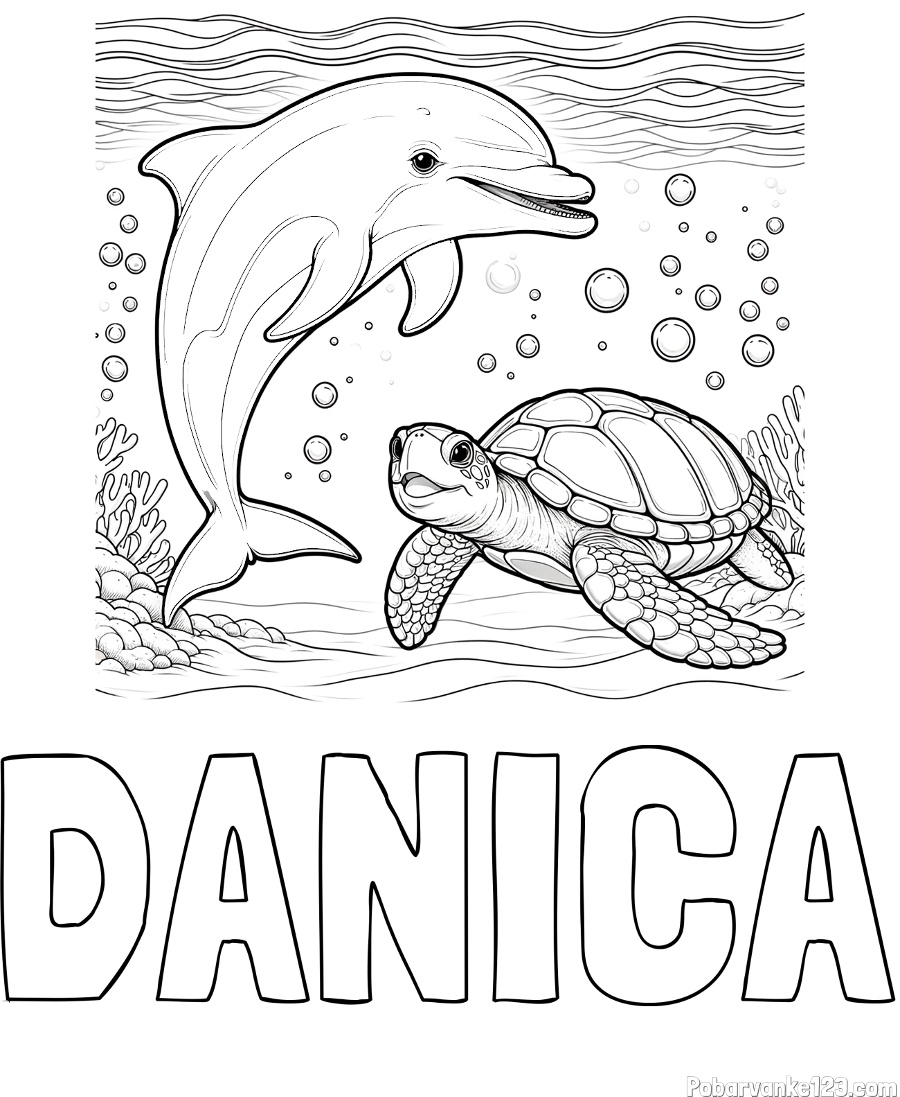 Pobarvanka imena DANICA in pobarvanka ljubkega delfina in njegove prijateljice želve