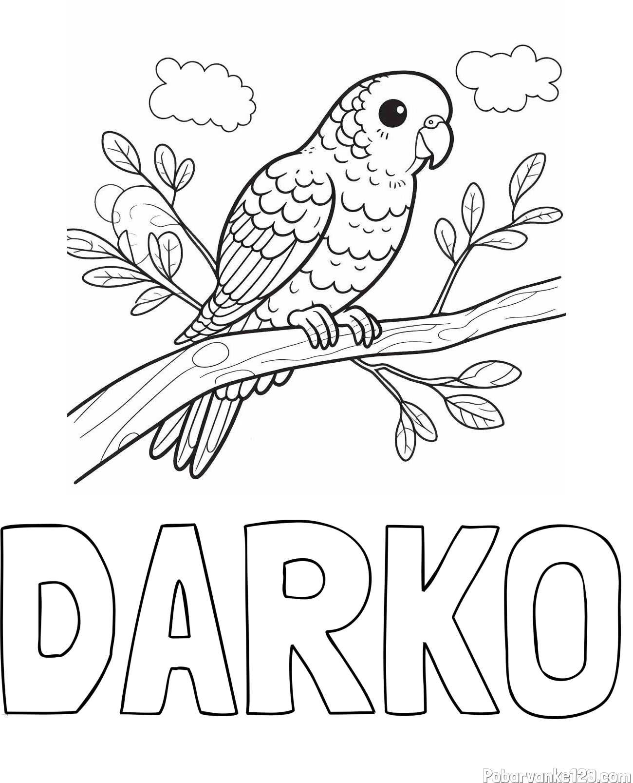 Pobarvanka imena DARKO in pobarvanka ljubkega kanarčka na veji