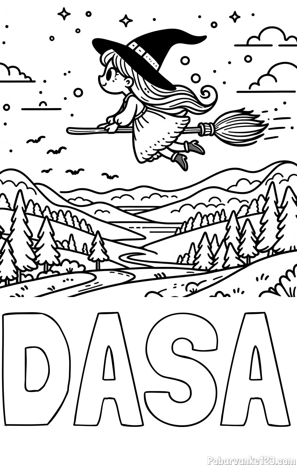 Pobarvanka imena DAŠA in pobarvanka čarovnice, ki leti na metli