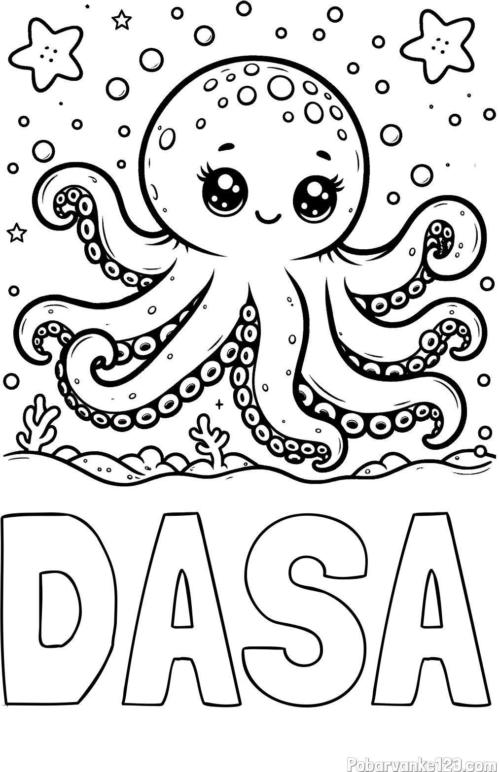 Pobarvanka imena DAŠA in pobarvanka hobotnice v morju obdane z morskimi zvezdami
