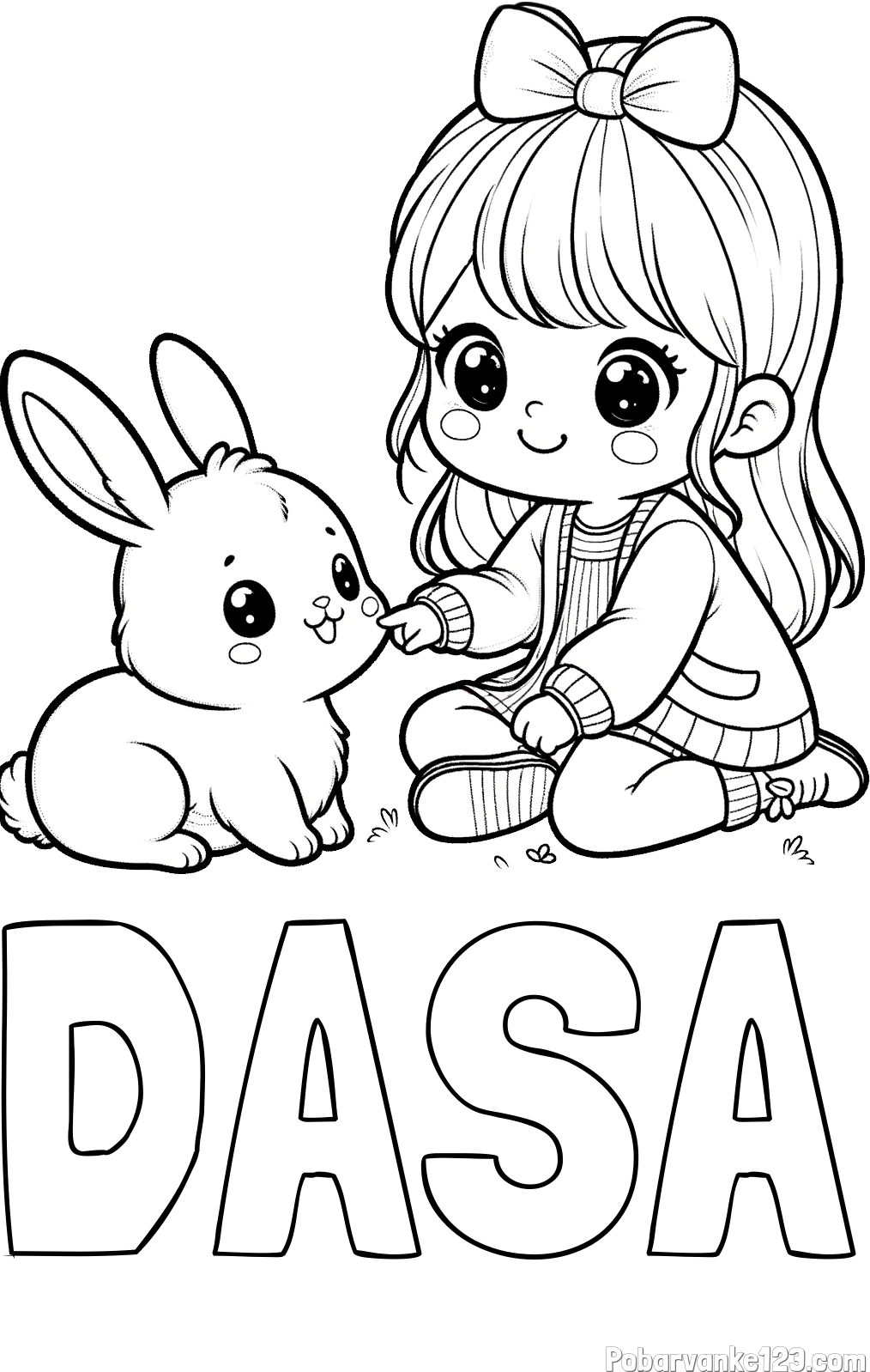 Pobarvanka imena DASA in pobarvanka ljubke punčke, ki se igra z zajčkom