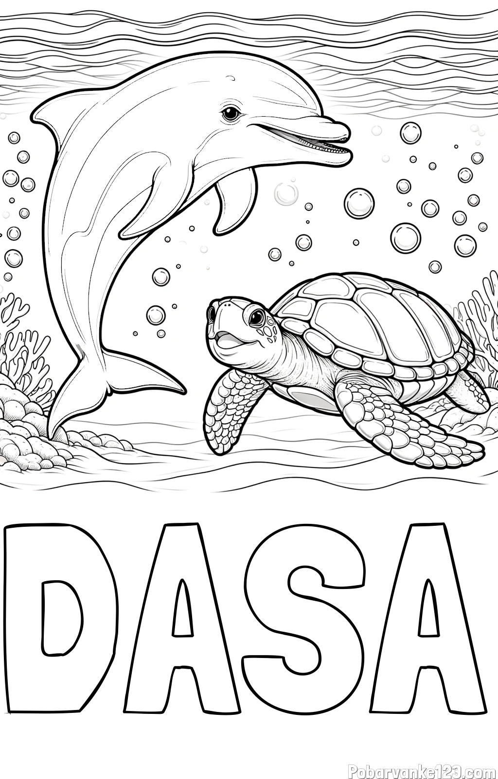 Pobarvanka imena DAŠA in pobarvanka ljubkega delfina in njegove prijateljice želve