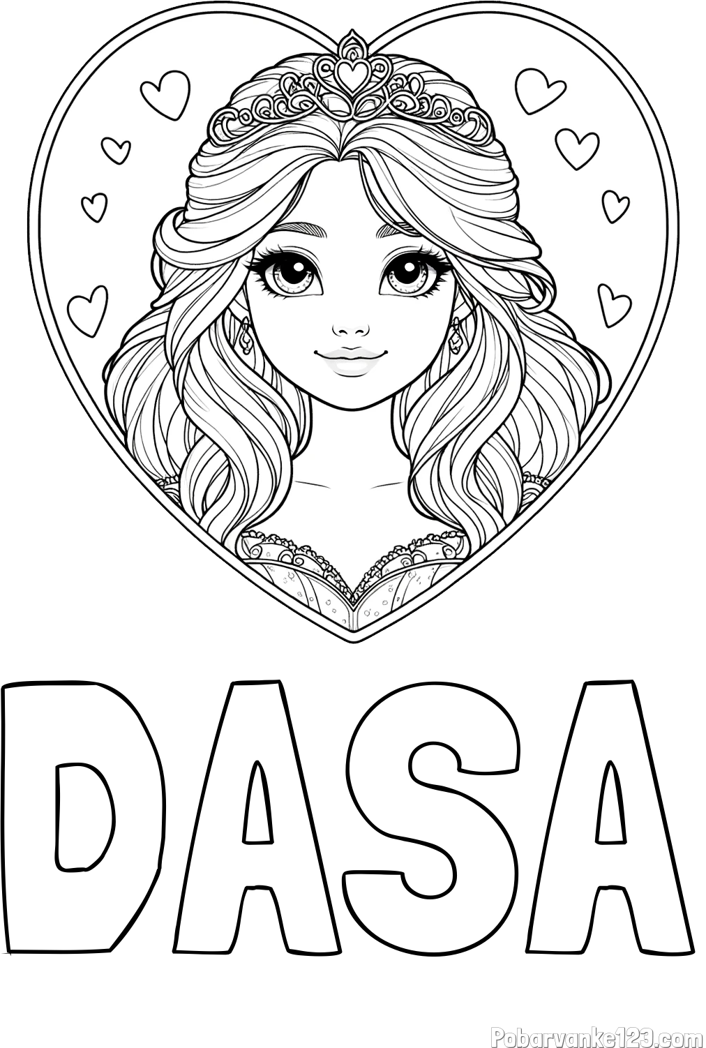 Pobarvanka imena DAŠA in pobarvanka princeske ter srčkov