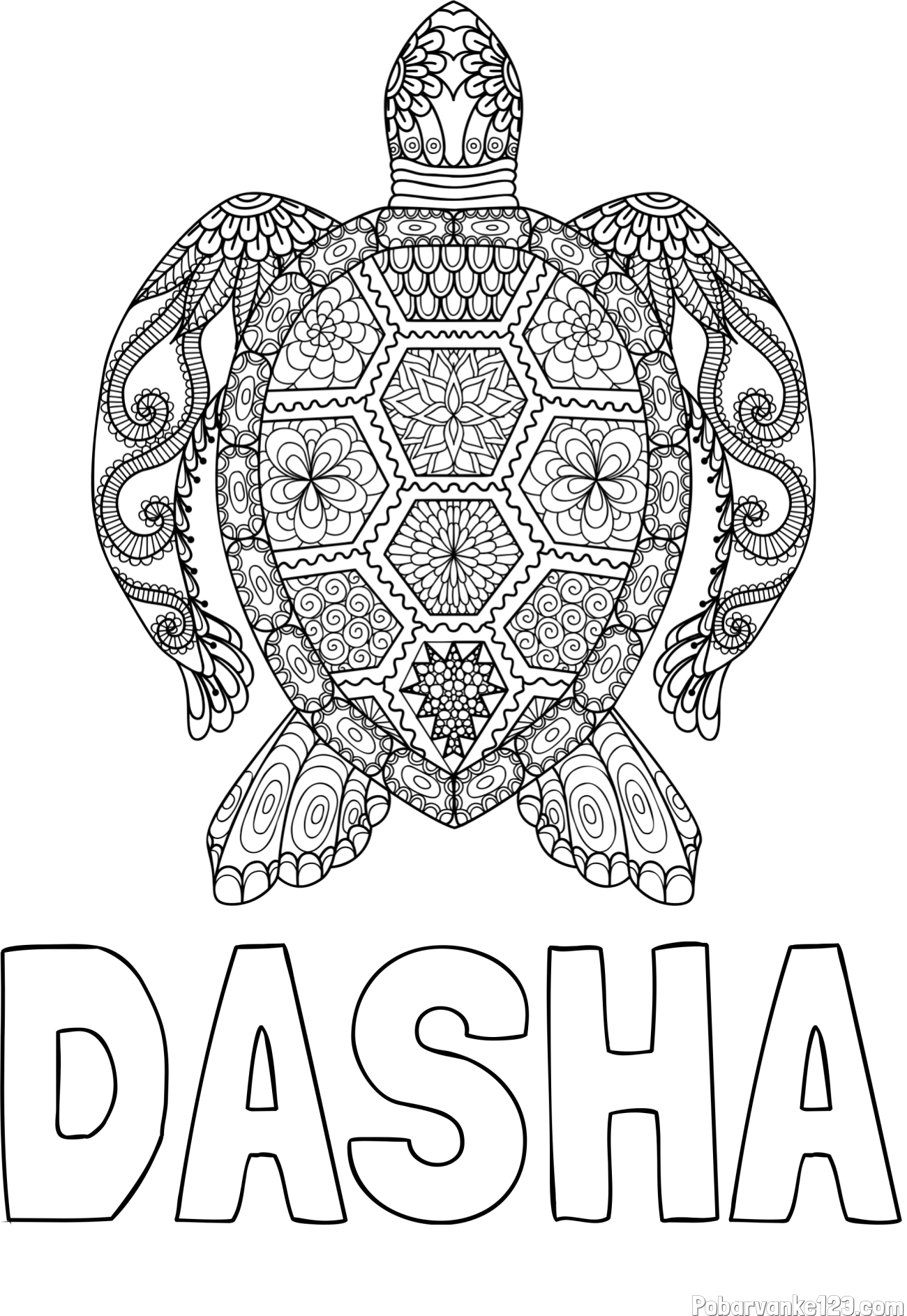 Pobarvanka imena DASHA in pobarvanka želve - mandale