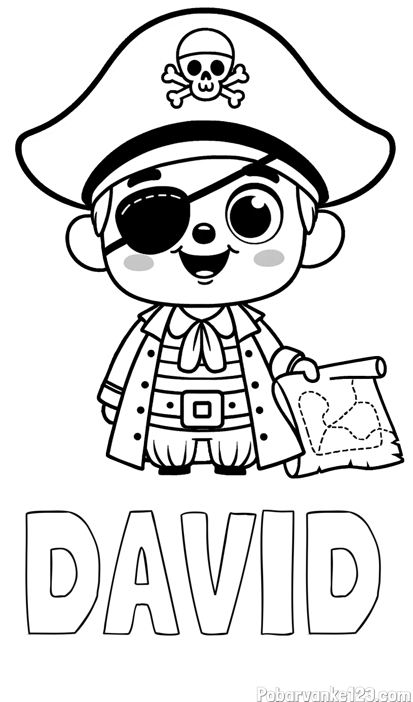 Pobarvanka imena DAVID in otroška pobarvanka ljubkega gusarja z zemljevidom