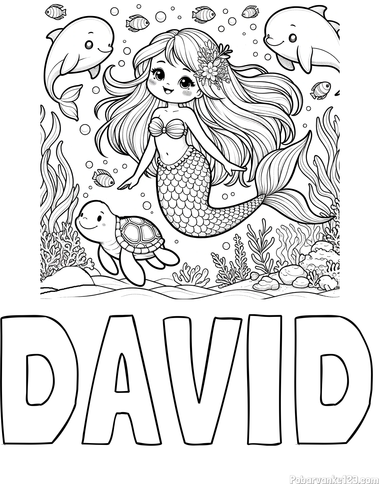 Pobarvanka imena DAVID in pobarvana ljubke morske deklice s prijatelji