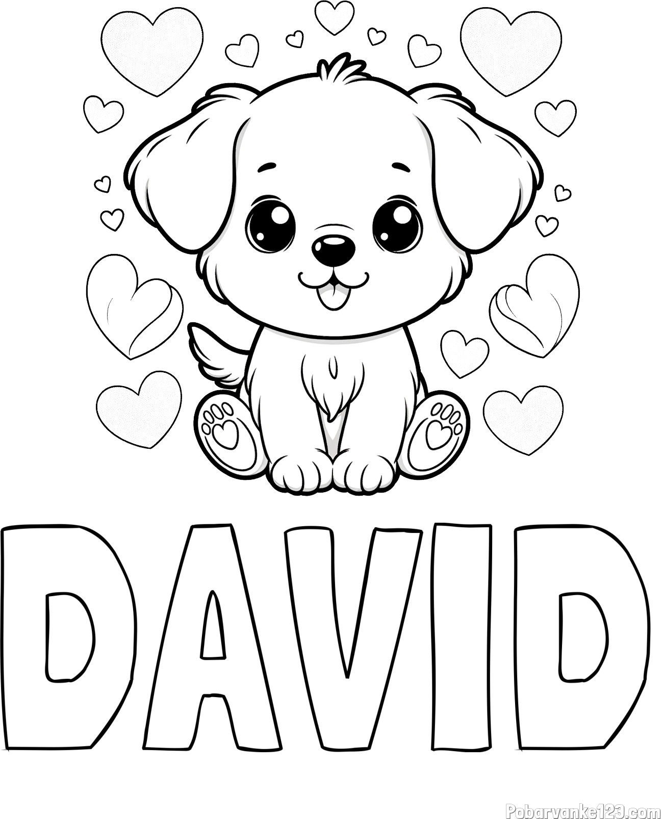 Pobarvanka imena DAVID in pobarvanka ljubkega kužka obdanega s srčki