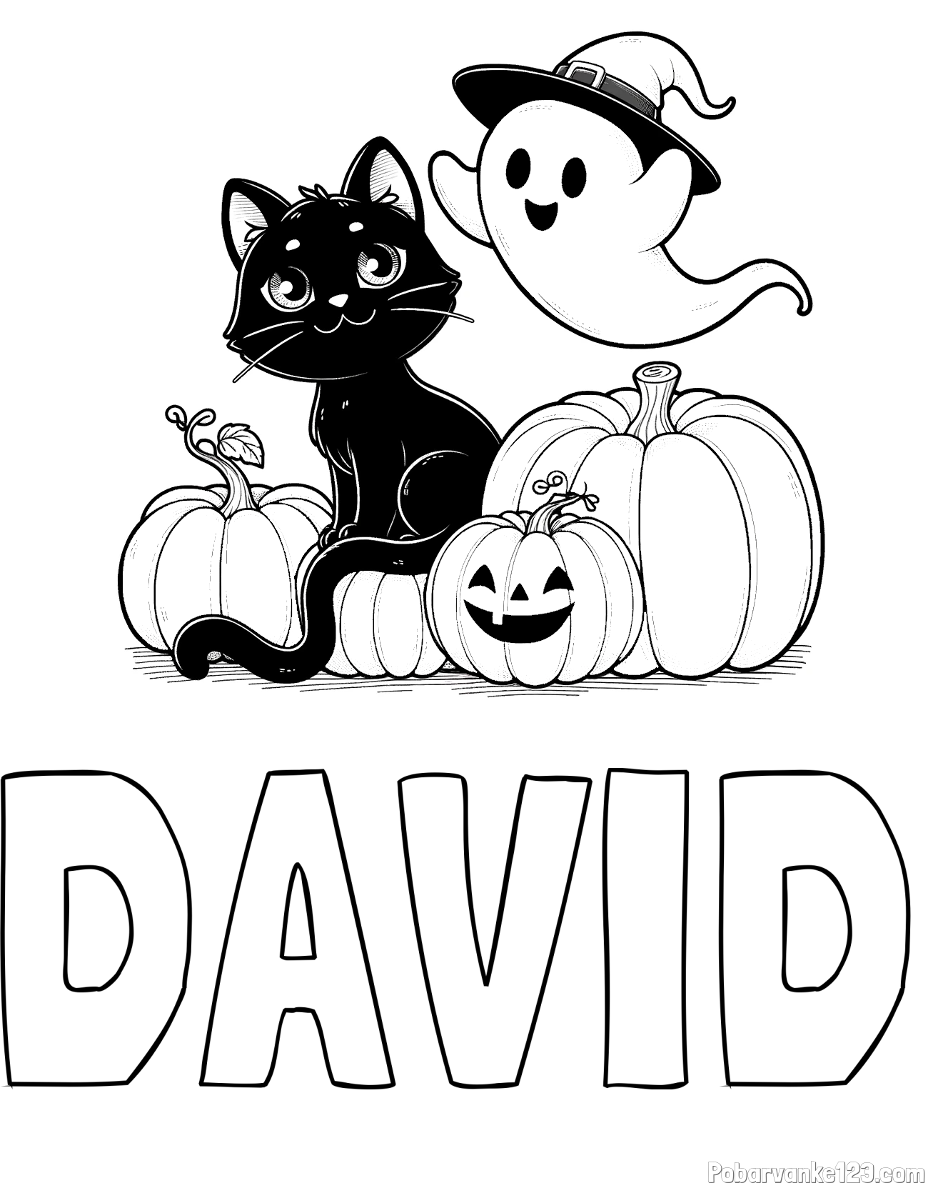 Pobarvanka imena DAVID in pobarvanka prijaznega duhca, črne mačke ter buč za noč čarovnic