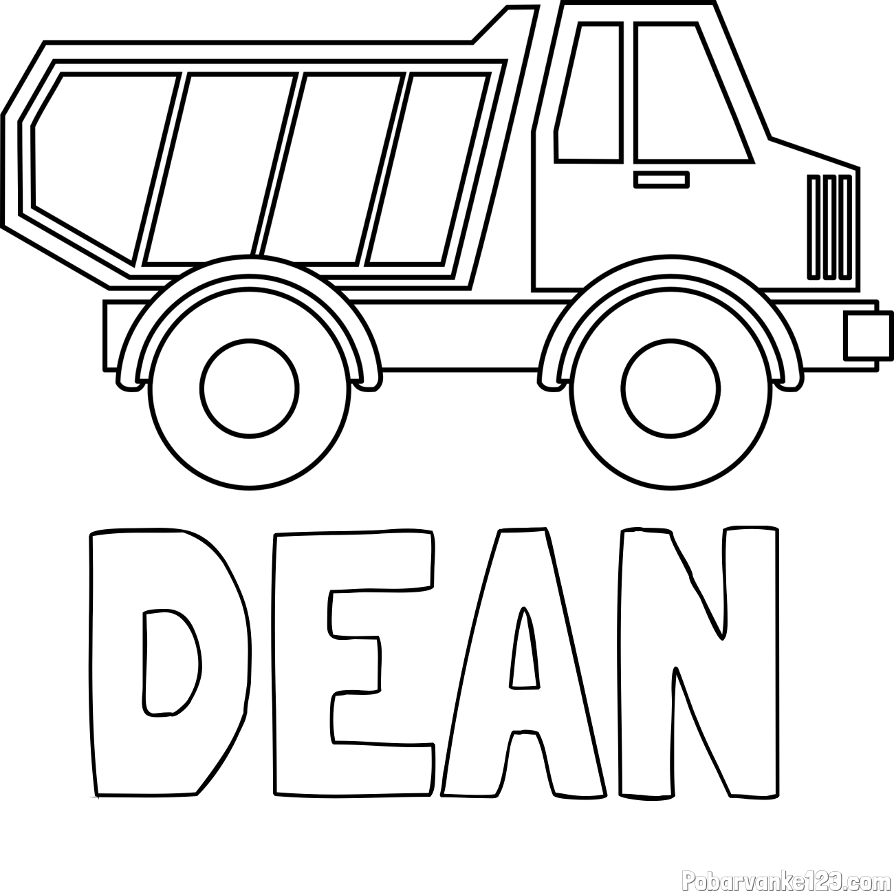 Pobarvanka imena DEAN in otroška pobarvanka tovornjaka za prevoz smeti in drugega tovora