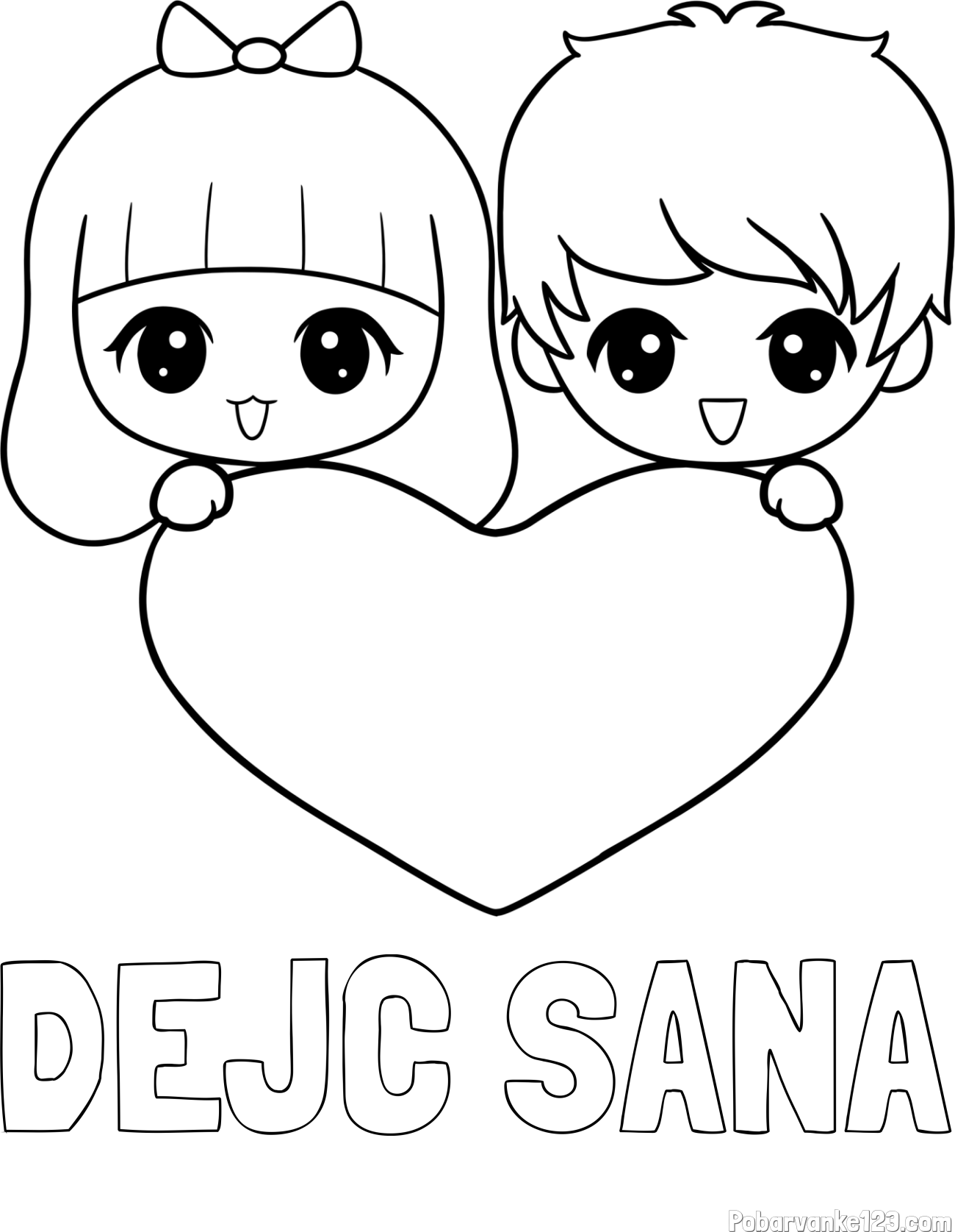 Pobarvanka imena DEJČ SANA in pobarvanka fantka in deklice, ki objemata srček