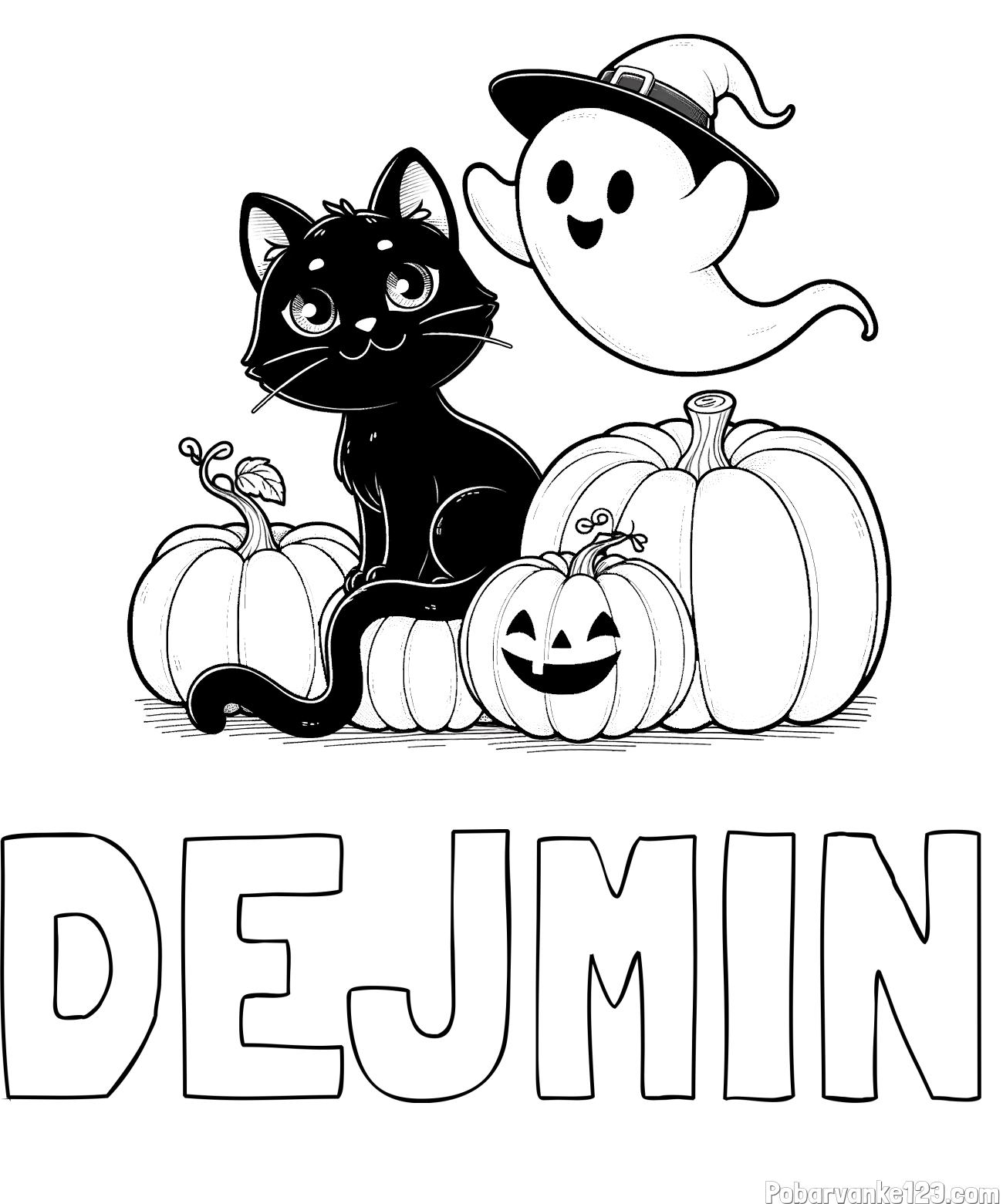 Pobarvanka imena ĐEJMIN in pobarvanka prijaznega duhca, črne mačke ter buč za noč čarovnic