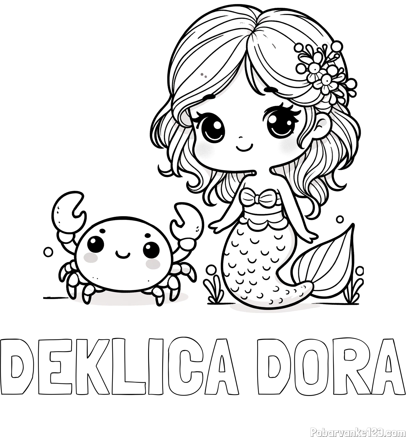 Pobarvanka imena DEKLICA DORA in pobarvanka ljubke morske deklice in veselega raka