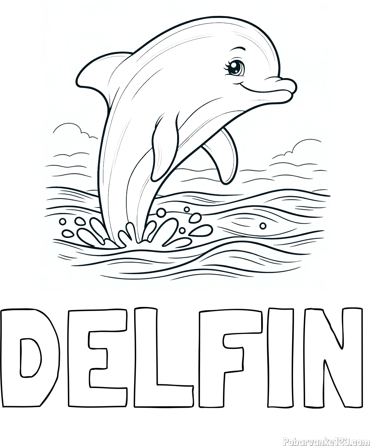 Pobarvanka imena DELFIN in pobarvanka nasmejanega delfina v  skoku