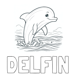 Pobarvanka imena DELFIN in pobarvanka nasmejanega delfina v  skoku