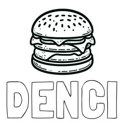 Online izdelana pobarvanka - Pobarvanka imena DENČI in preprosta pobarvanka hamburgerja