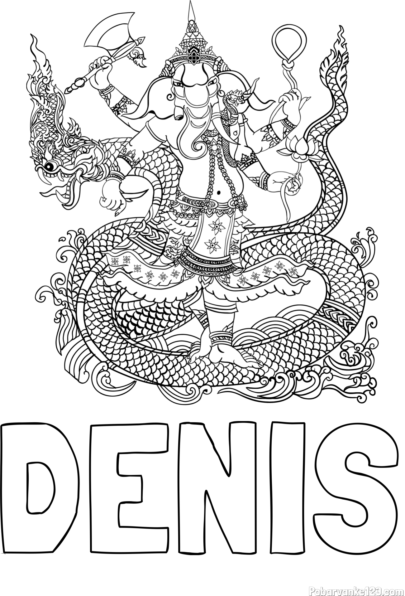 Pobarvanka imena DENIS in pobarvanka slona v človeški podobi