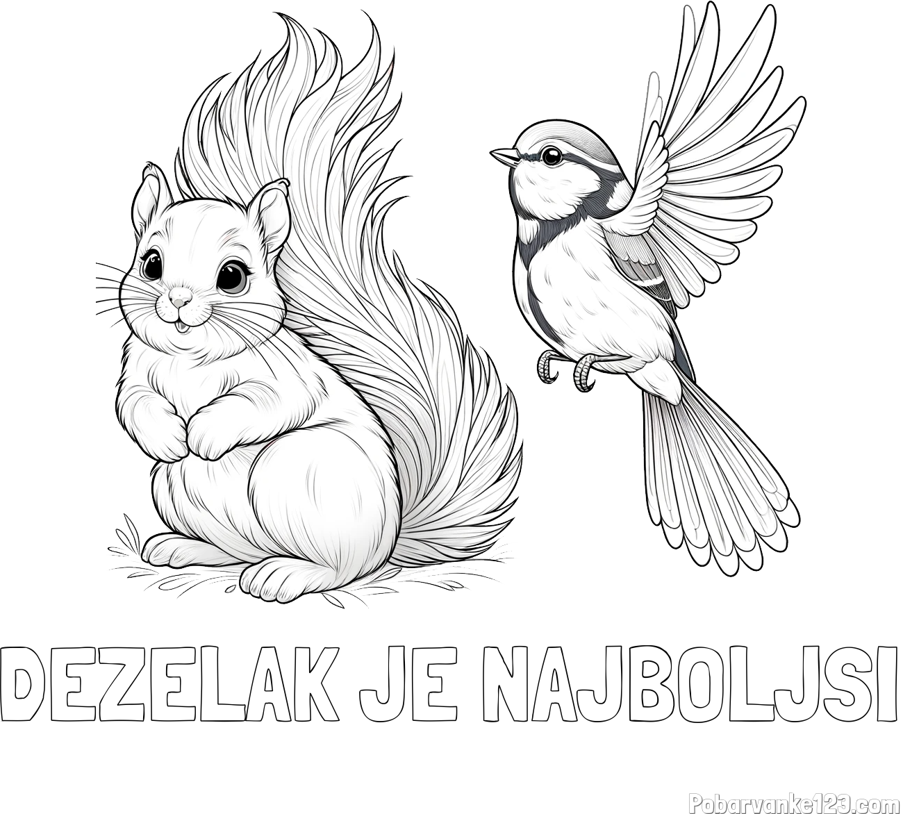 Pobarvanka imena DEŽELAK JE NAJBOLJŠI in pobarvanka veverice in ptičke