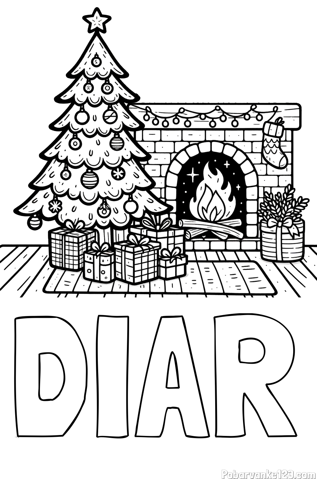 Pobarvanka imena DIAR in pobarvanka božične noči z božično smrečico, darili ter kaminom
