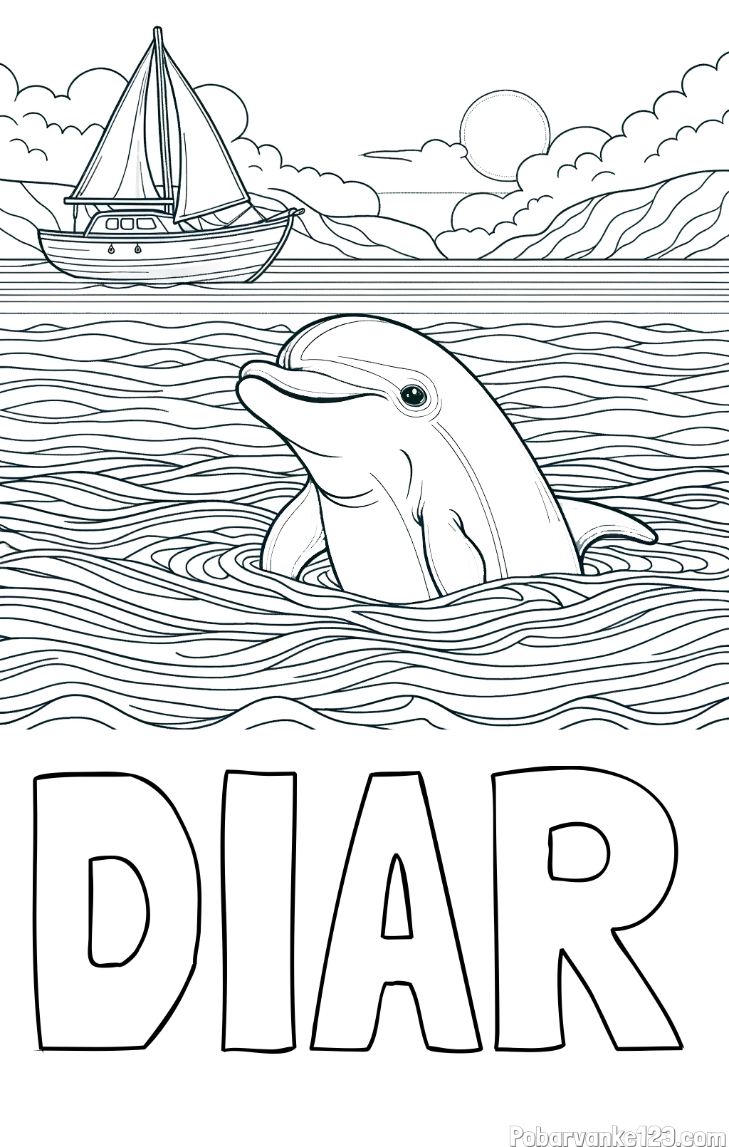 Pobarvanka imena DIAR in pobarvanka delfina v morju ter jadrnice