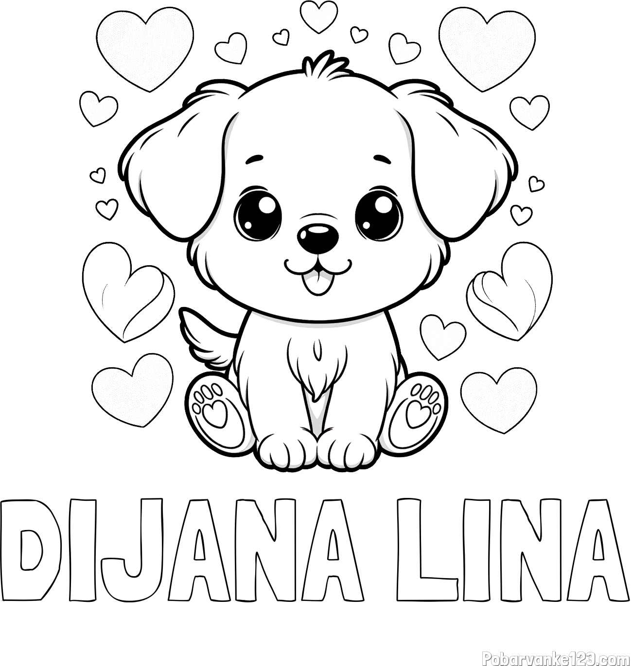 Pobarvanka imena DIJANA LINA in pobarvanka ljubkega kužka obdanega s srčki