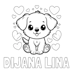 Online izdelana pobarvanka - Pobarvanka imena DIJANA LINA in pobarvanka ljubkega kužka obdanega s srčki