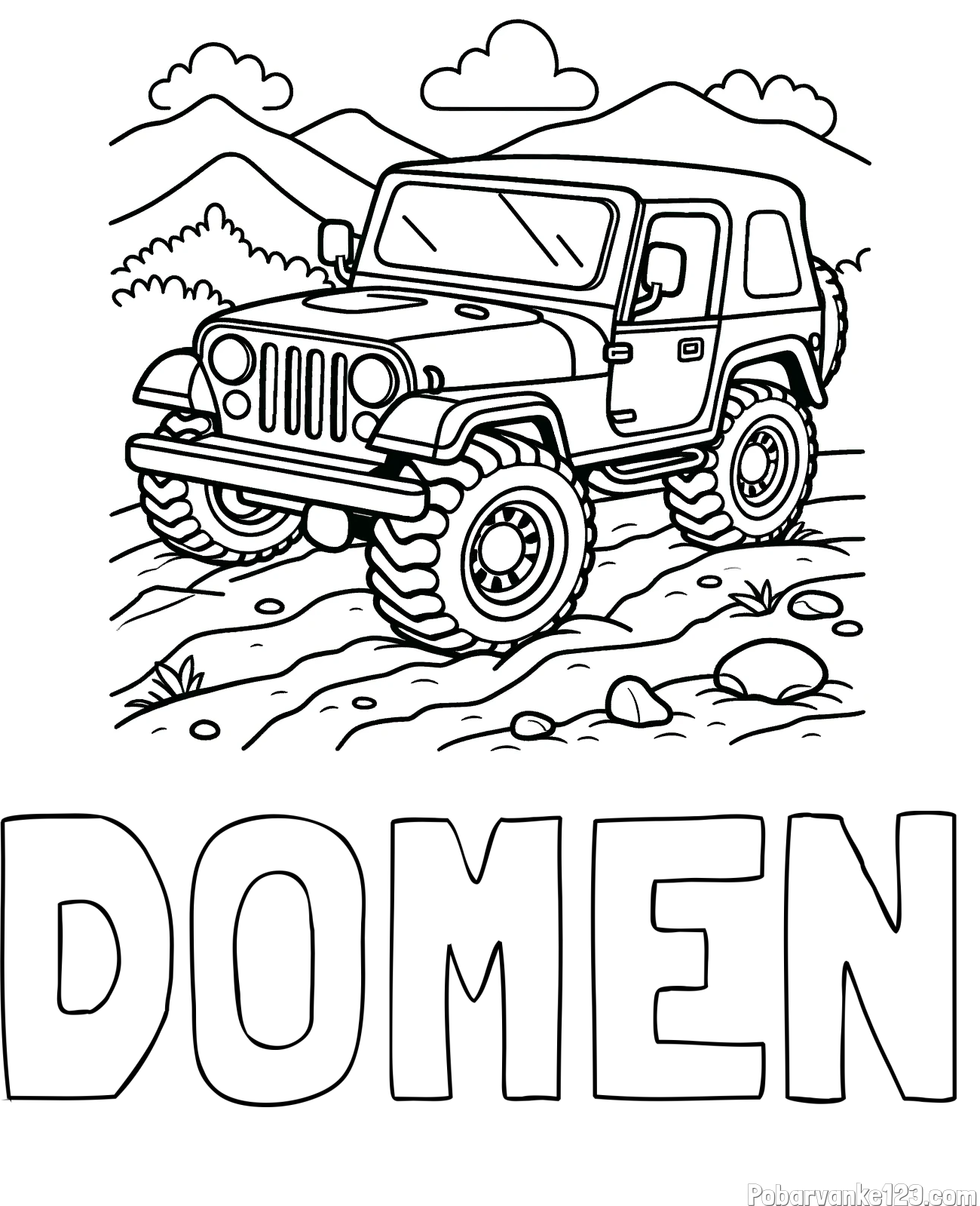 Pobarvanka imena DOMEN in pobarvanka džipa na terenu