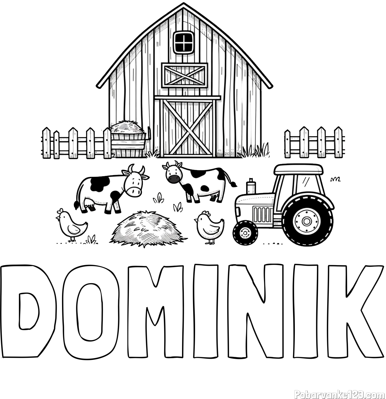 Pobarvanka imena DOMINIK in otroška pobarvanka velikega senika, krav in traktorja