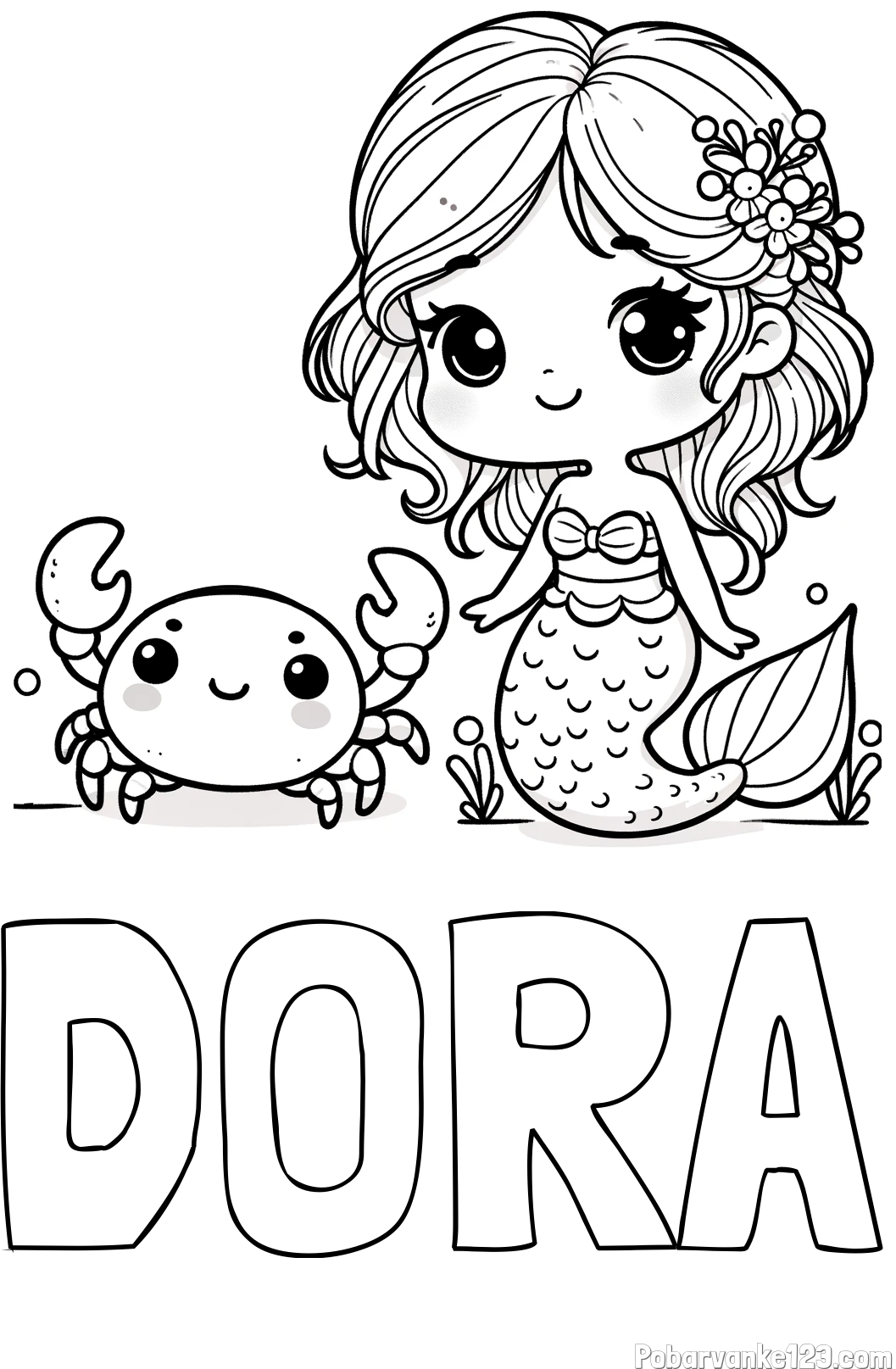 Pobarvanka imena DORA in pobarvanka ljubke morske deklice in veselega raka