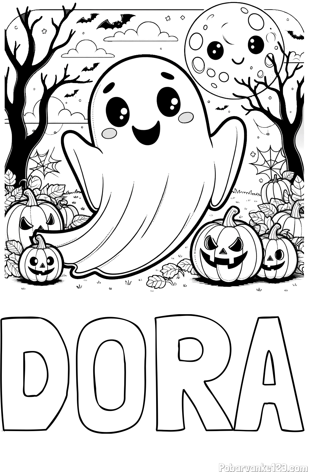 Pobarvanka imena DORA in pobarvanka ljubkega duhca in buč za noč čarovnic