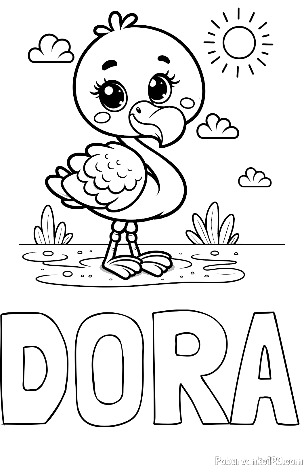 Pobarvanka imena DORA in pobarvanka ljubkega flaminga