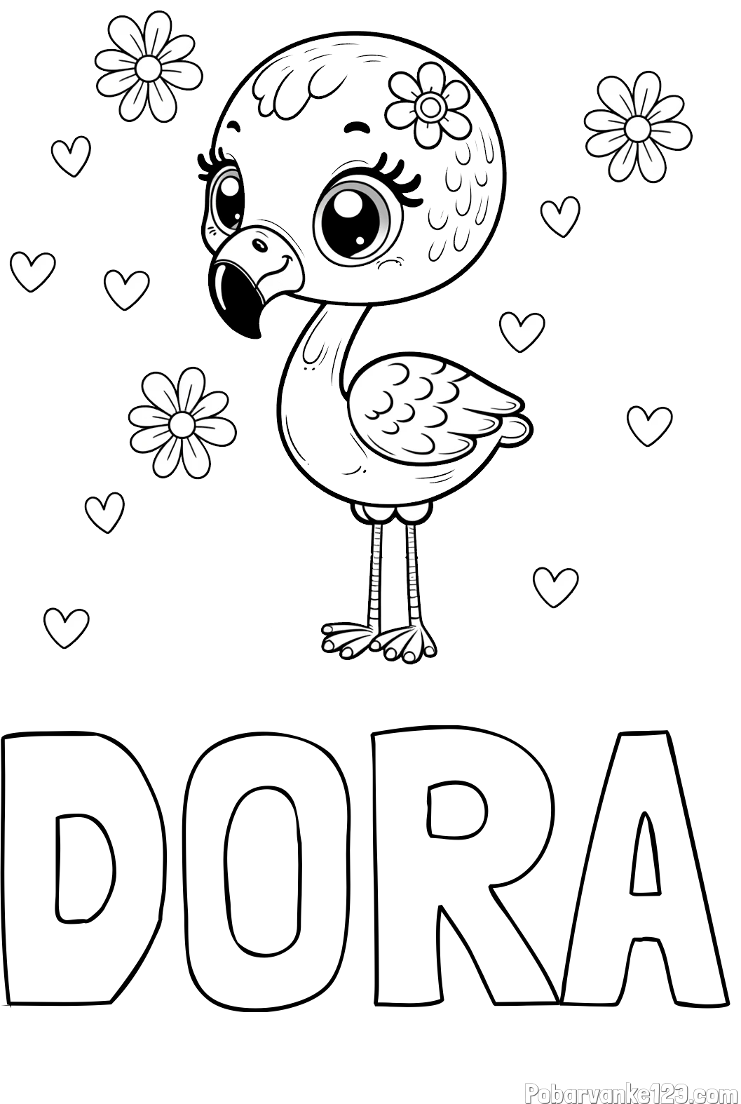 Pobarvanka imena DORA in pobarvanka mladička flaminga z rožicami in srčki