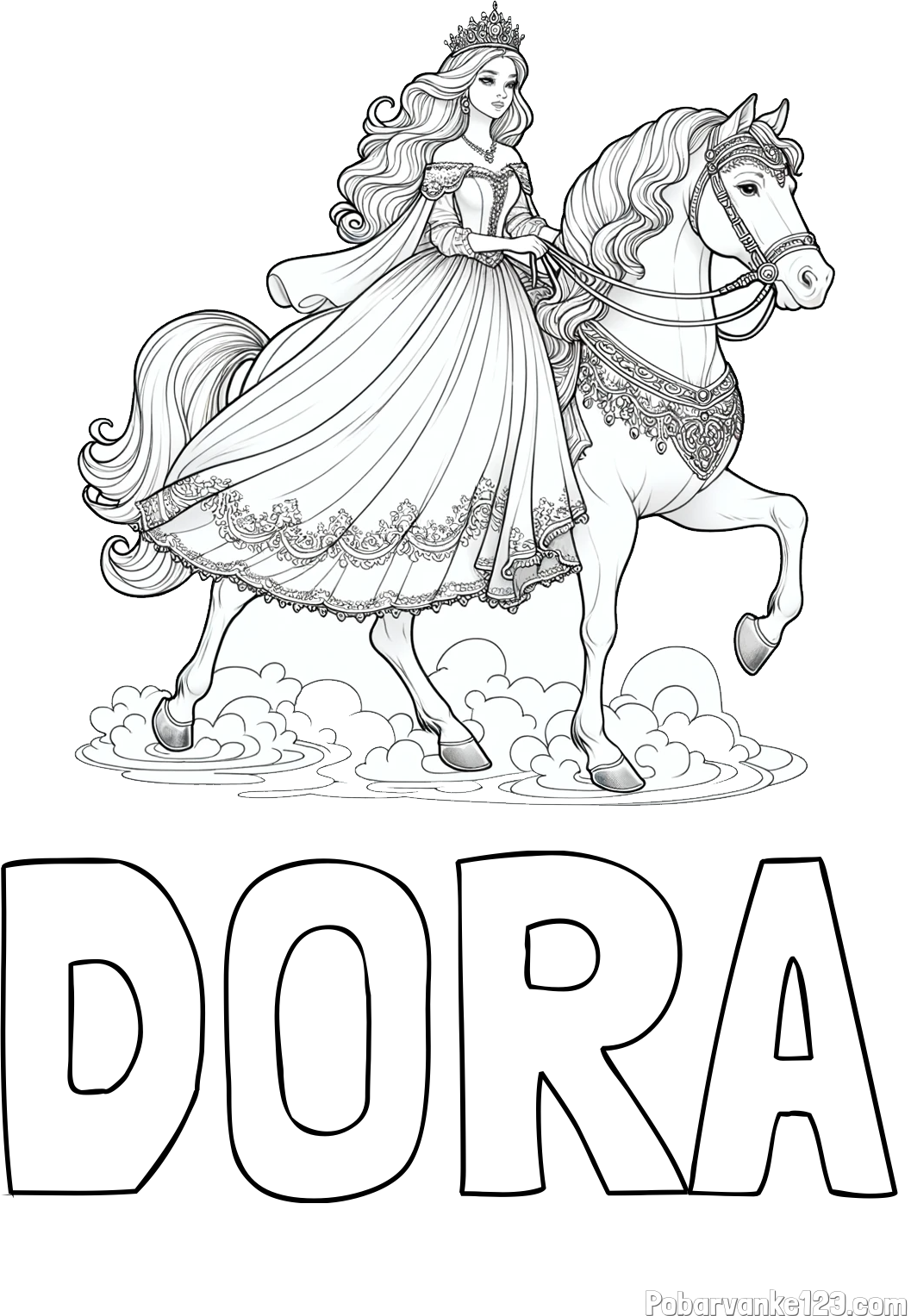 Pobarvanka imena DORA in pobarvanka princese na konju