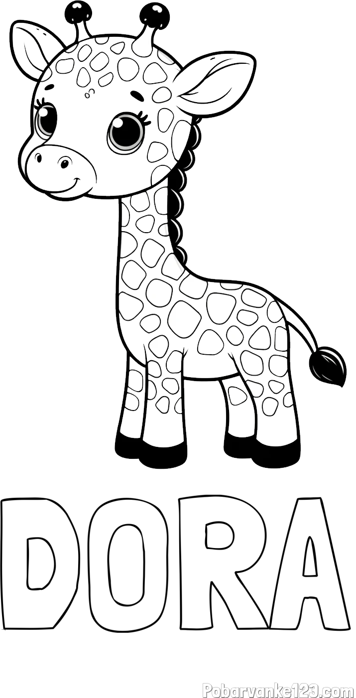 Pobarvanka imena DORA in pobarvanka simpatične žirafe