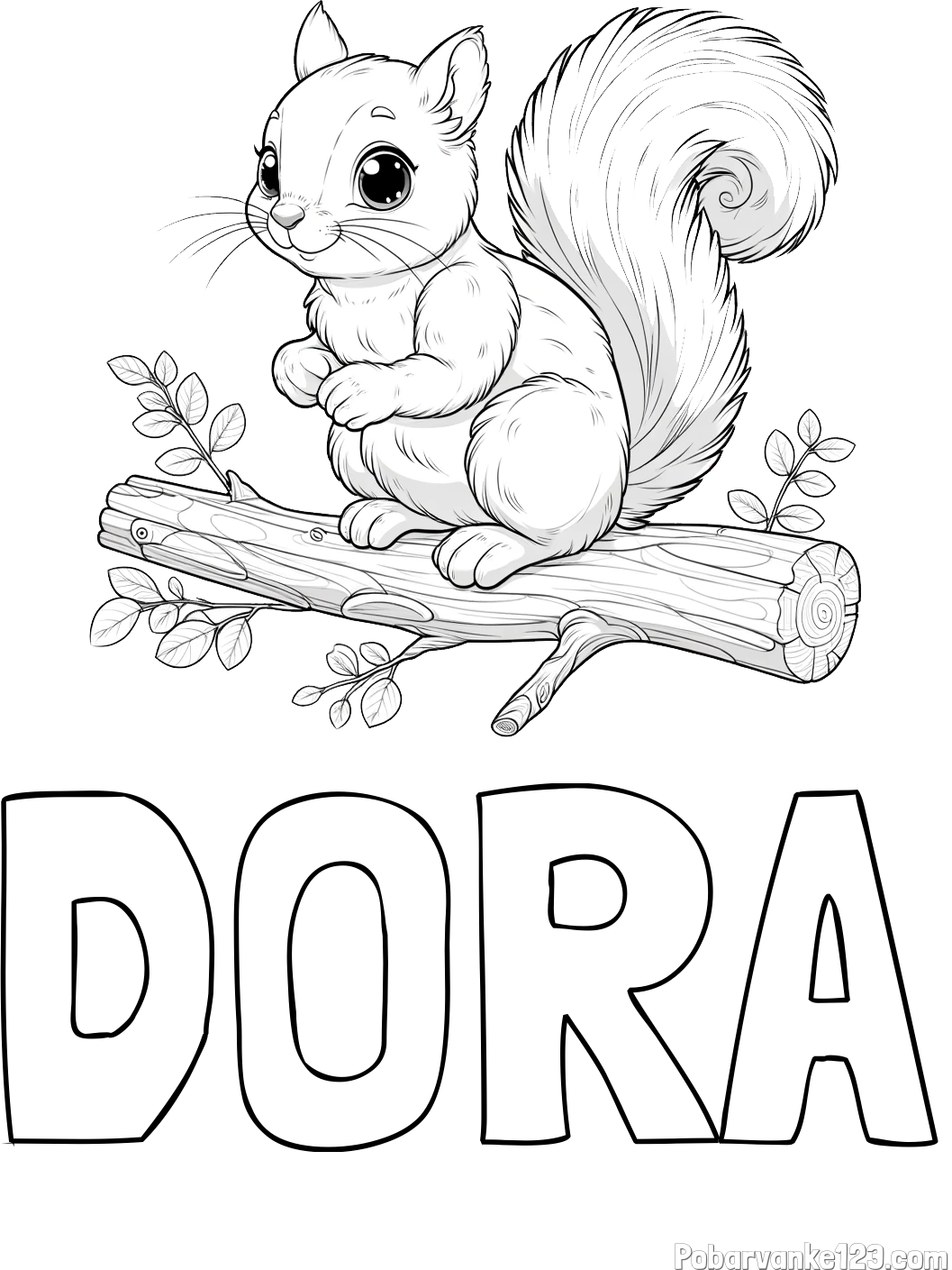 Pobarvanka imena DORA in pobarvanka veverice na veji