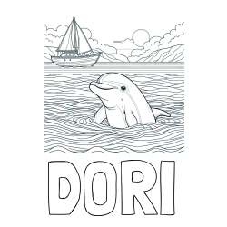 Online izdelana pobarvanka - Pobarvanka imena DORI in pobarvanka delfina v morju ter jadrnice