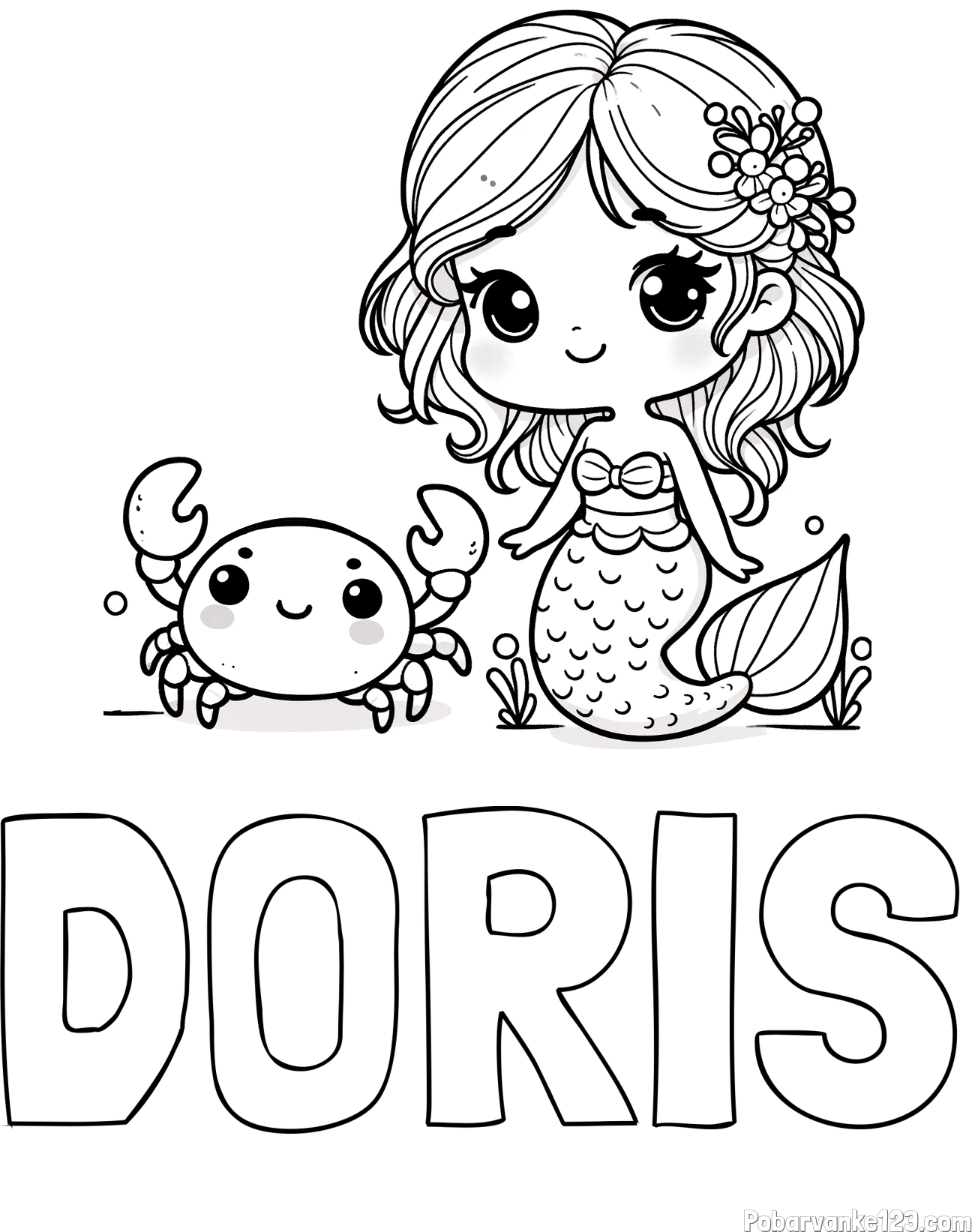 Pobarvanka imena DORIS in pobarvanka ljubke morske deklice in veselega raka