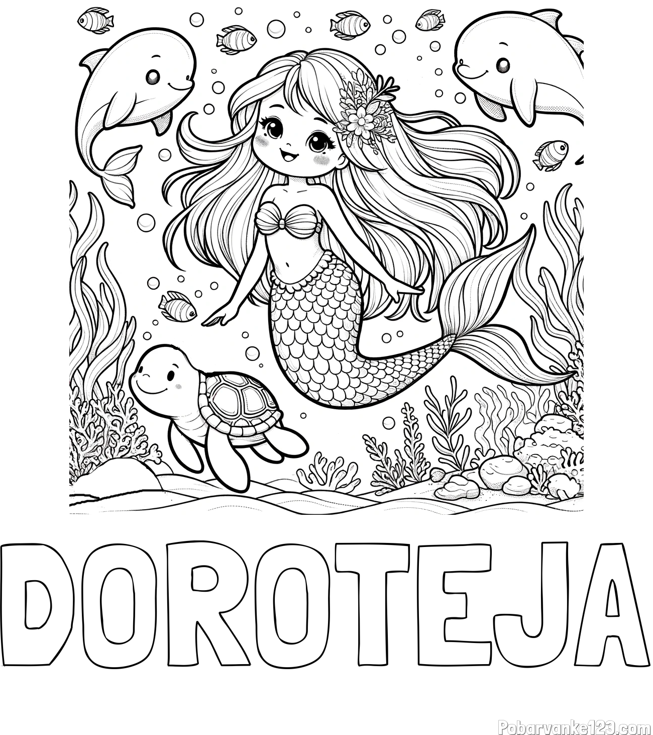 Pobarvanka imena DOROTEJA in pobarvana ljubke morske deklice s prijatelji