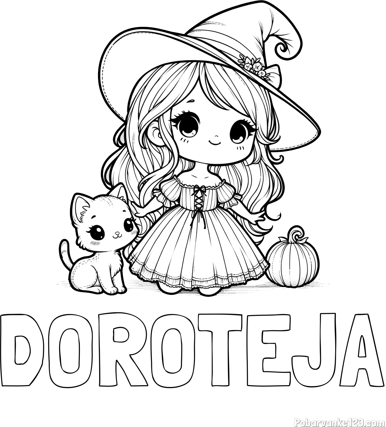 Pobarvanka imena DOROTEJA in pobarvanka ljubke čarovnice, muce in buče