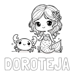 Pobarvanka imena DOROTEJA in pobarvanka ljubke morske deklice in veselega raka