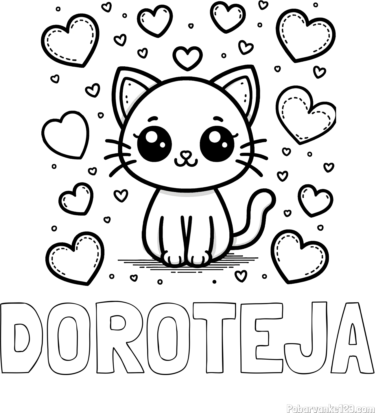 Pobarvanka imena DOROTEJA in pobarvanka ljubke mucke obdane z veliko srčki