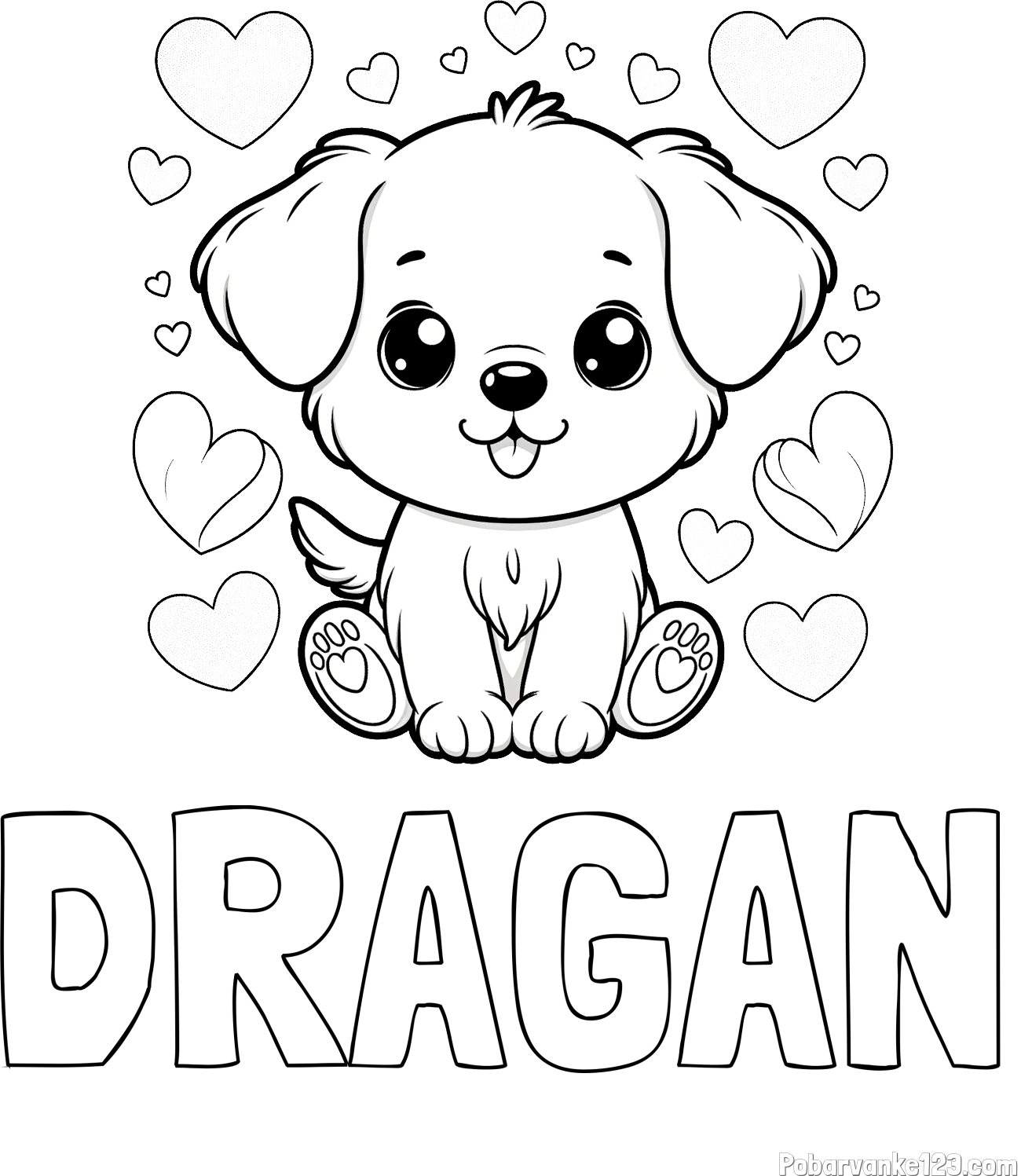 Pobarvanka imena DRAGAN in pobarvanka ljubkega kužka obdanega s srčki