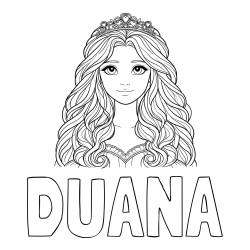 Online izdelana pobarvanka - Pobarvanka imena DUANA in pobarvanka ljubke princese z bujnimi lasmi