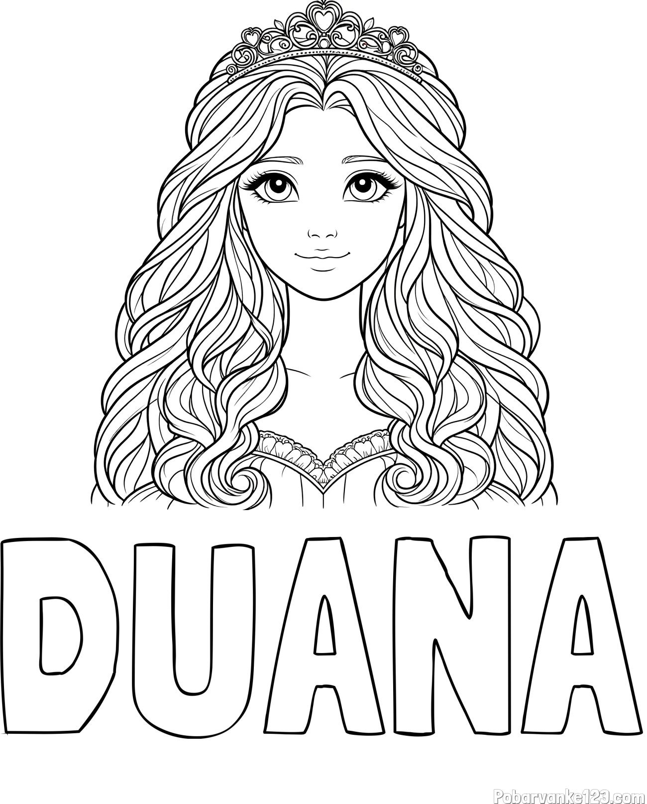 Pobarvanka imena DUANA in pobarvanka ljubke princese z bujnimi lasmi