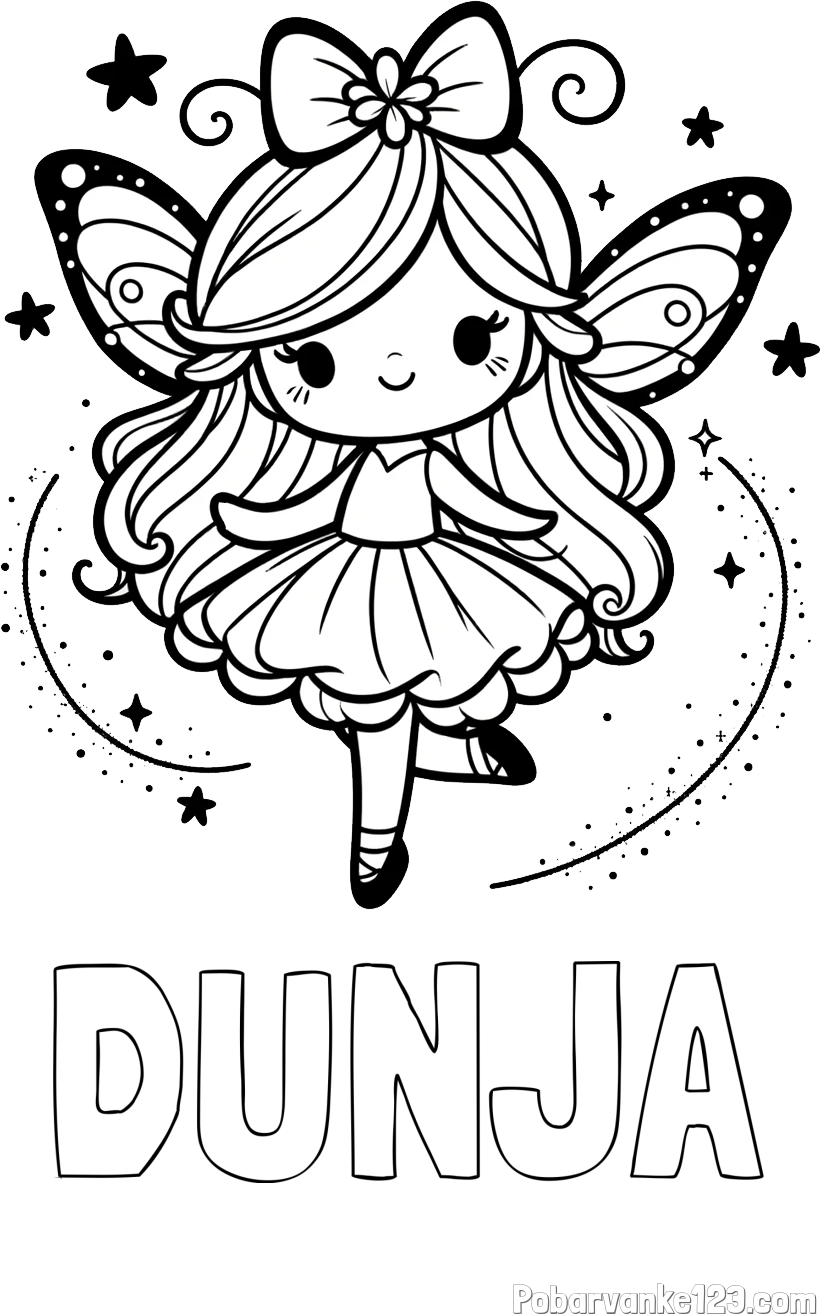 Pobarvanka imena DUNJA in ljubka čarobna vila
